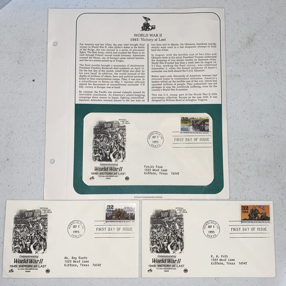 1995 World War II 2 1945: Victory At Last Stamped Envelopes Lot‎ Of 3 32c Stamps